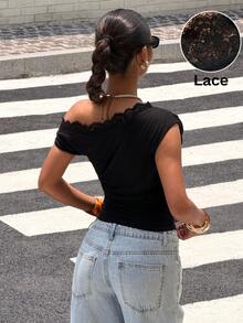 Muchica Women's Sweet Elegant Sexy Lace Patchwork Asymmetric Shoulder Fitted T-Shirt Night Black Summer - Black - View 3