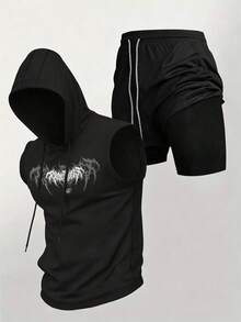 Acti Log Men's Gothic Print Drawstring Hooded Tank Top And Shorts Sports Set, Gym - Black - View 1