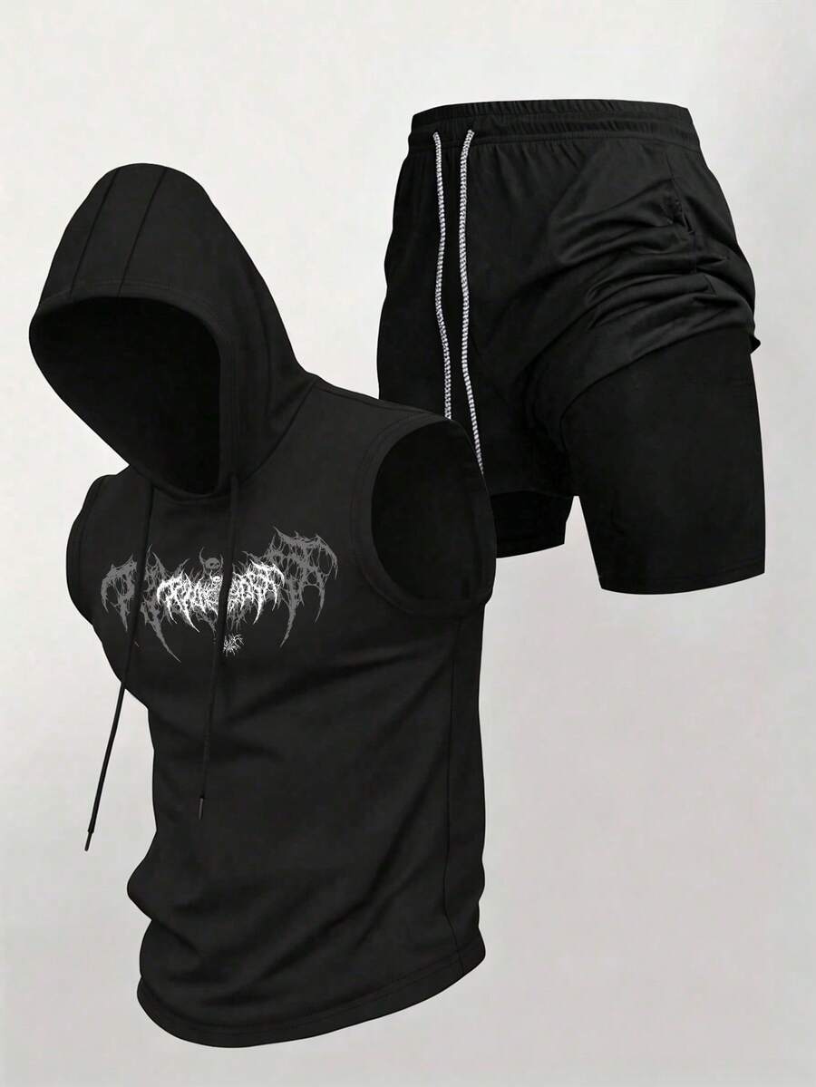 Acti Log Men's Gothic Print Drawstring Hooded Tank Top And Shorts Sports Set, Gym - Black - View 1