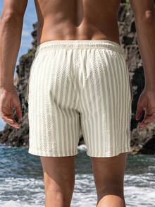Manfinity KASUA Men's Summer Vacation Striped Textured Drawstring Waist Beach Shorts, Holiday - Khaki - View 2