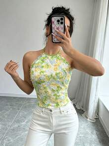 Selianne 女款優雅花卉掛脖綁背上衣，夏季波希米亞風修身度假風，適合約會、派對、海灘、度假、正式辦公室 - 彩色 - 查看 5