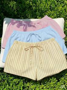 Comfortcana 3pcs Women's Casual Drawstring Waist Loose Shorts, Suitable For Summer, Vacation, Daily Commute, And Home Wear - Multicolor - View 4