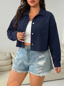 SHEIN EZwear Women's Plus Size Navy Blue Casual Everyday Single-Breasted Jacket Fall - Navy Blue - View 5