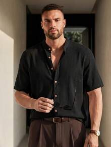 COMVAIL Plus Size Men's Casual Mandarin Collar Shirt - Black - View 1