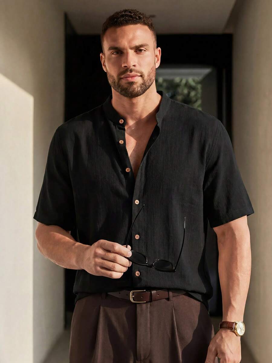 COMVAIL Plus Size Men's Casual Mandarin Collar Shirt - Black - View 1