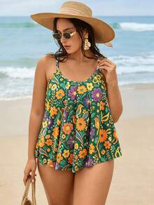 Swim Lushoire Setelan Baju Renang Dua Potong Tank Bikini Ukuran Plus Wanita Terbaru dengan Motif Modis, Desain Ruffle, dan Bawahan Segitiga Pinggang Tinggi - Hijau - View 7