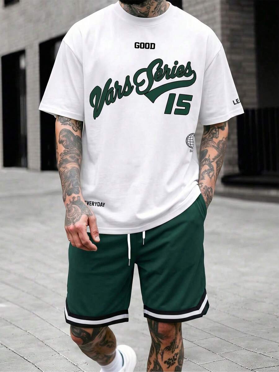 Manfinity Homme Men's White And Green Emerald Green Streetwear Short Sleeve T-Shirt And Drawstring Basketball Shorts Set,Summer Back-To-School Graduation Graphic - Multicolor - View 1