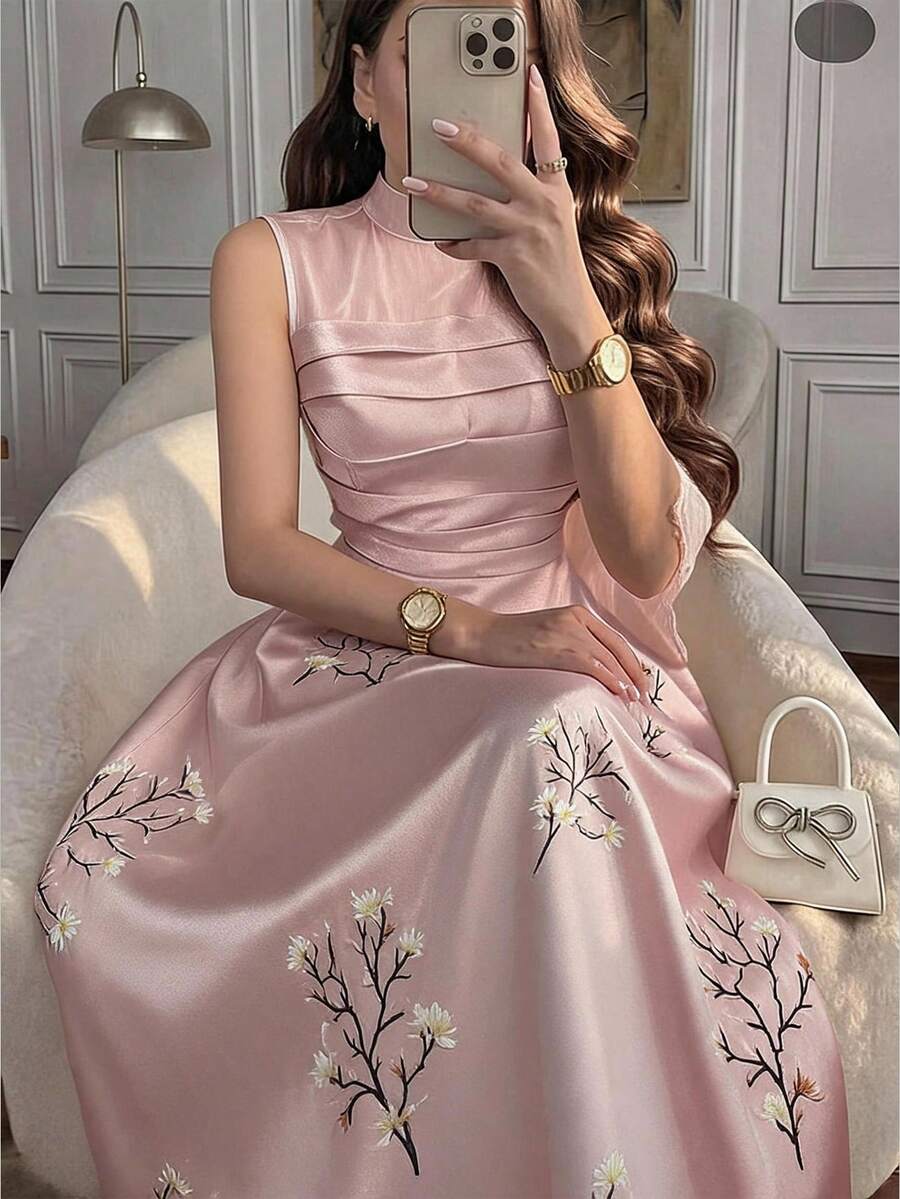 Feyla 女士优雅印花褶裥腰部无袖连衣裙,夏季 - 淺粉色 - 查看 1