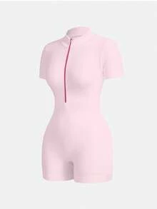 SHEIN Sovereign Charm Bộ áo liền quần ngắn tay có khóa kéo, màu trơn, tối giản dành cho nữ, thích hợp mặc hàng ngày. - Bữa tiệc đấm - Xem 4