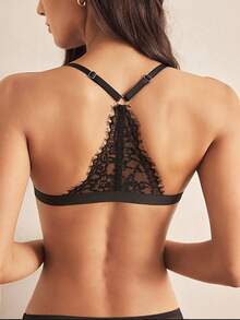 Charlaine Front Closure Lace-Trim Halter Sexy Ladies Bra Without Padding - Black - View 2