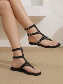 Styleloop Sandal Datar Wanita, Gaya Bohemian, Liburan Pantai, Gaya Barat, Pakaian Musim Panas, Perlengkapan Perjalanan - Hitam - View 7