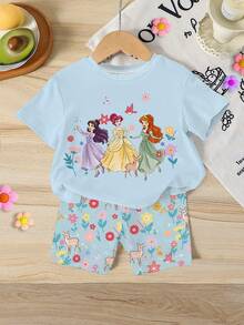 Summer Baby Girl Casual Multi-Piece Set, Brown & Apricot Leopard Print Cartoon Rabbit Pattern, Round Neck Short Sleeve T-Shirt & Shorts - Multicolor - View 3