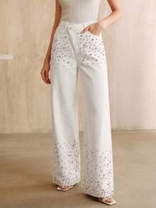 Anewsta Women's Summer White Denim Jeans, Fashionable Casual Contrast Rhinestone Shiny Pants - White - View 7