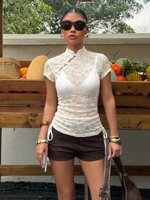 Muchica Apricot Lace Women's Frog Button Design Short Sleeve Fitted T-Shirt - Apricot - View 3