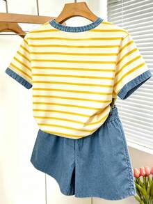Resyla Setelan 2 Potong Kaos Lengan Pendek dan Celana Pendek Motif Garis-garis Musim Panas untuk Wanita - MultiWarna - View 2
