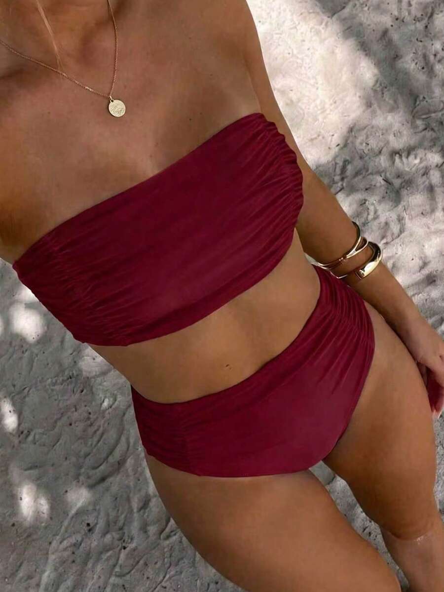SHEIN Swim Women's Solid Color Strapless Gathered Bikini Set, Beach Summer Outfits - Burgundy - View 1