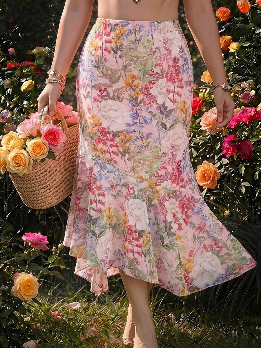 SHEIN MOD 大尺碼不對稱花卉印花美人魚裙，浪漫鄉村風，花園派對、下午茶、浪漫度假，少女風，春夏初秋穿搭