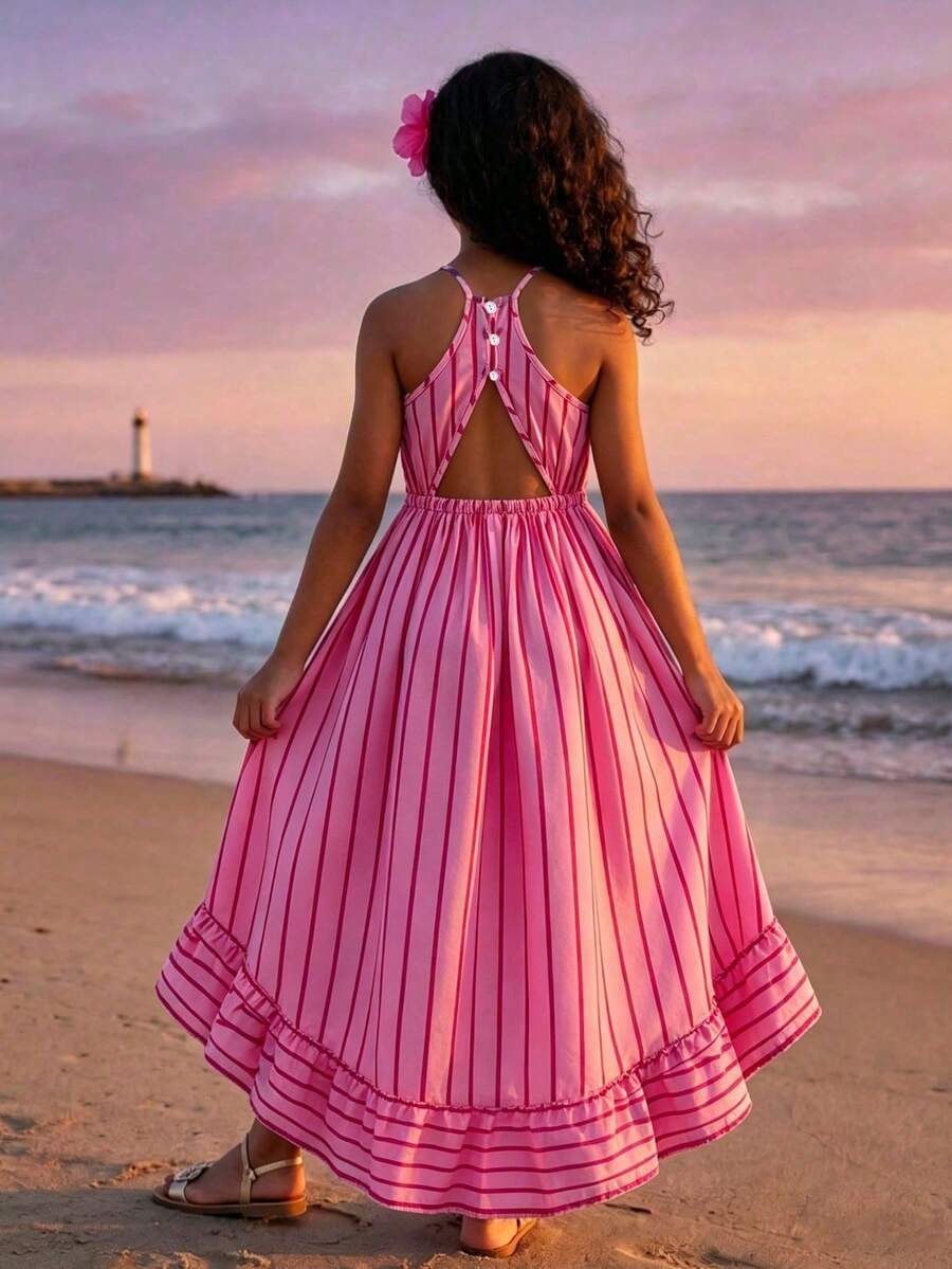 SHEIN Tween Girls Pink Stripe Summer Boho Holiday Vacation Holiday Sleeveless Dress,Halter Neck & Open Back Colorblock Ruched Skirt With Crossbody Bag - Pink - View 1