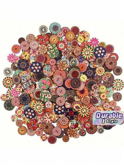100pcs Vintage Painted Wooden Buttons, Colorful 2-Hole Decorative Sewing Buttons With Floral And Geometric Patterns, Craft And Art Supplies In Assorted Colors, Craft Supplies|Folk Art Buttons|Handpainted Design, Buttons For Clothes