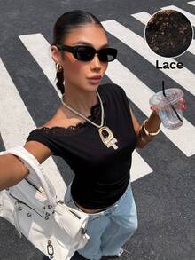 Muchica Women's Sweet Elegant Sexy Lace Patchwork Asymmetric Shoulder Fitted T-Shirt Night Black Summer - Black - View 5