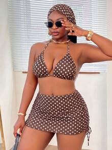 Slaydiva Plus Size Women 4-Piece Set Random Print Halter Thick Strap Triangle Bikini Set With Matching Print Drawstring Skirt And Hat - Multicolor - View 3