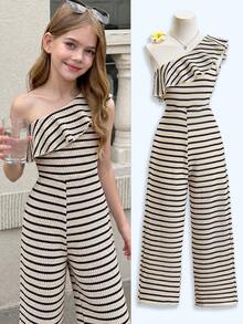 Mono de un solo hombro a rayas con volantes para niñas preadolescentes, casual para ir al trabajo & vacaciones - Negro - Ver 3