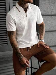Manfinity CasualCool 男士夏季休闲度假通勤纹理面料短袖 Polo 衫和抽绳腰短裤套装 - 彩色 - 查看 1