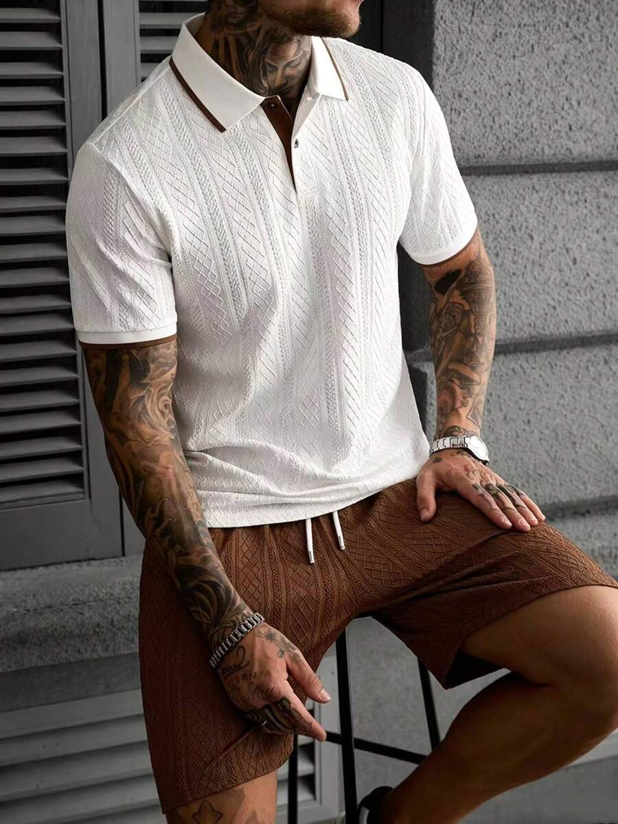 Manfinity CasualCool 男士夏季休闲度假通勤纹理面料短袖 Polo 衫和抽绳腰短裤套装 - 彩色 - 查看 1