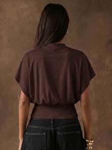 SHEIN BAE Women's Solid Color Versatile Ruched Batwing Sleeve T-Shirt,Summer Top - Brown - View 2