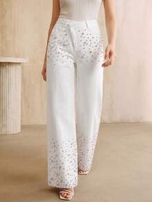 Anewsta Women's Summer White Denim Jeans, Fashionable Casual Contrast Rhinestone Shiny Pants - White - View 1