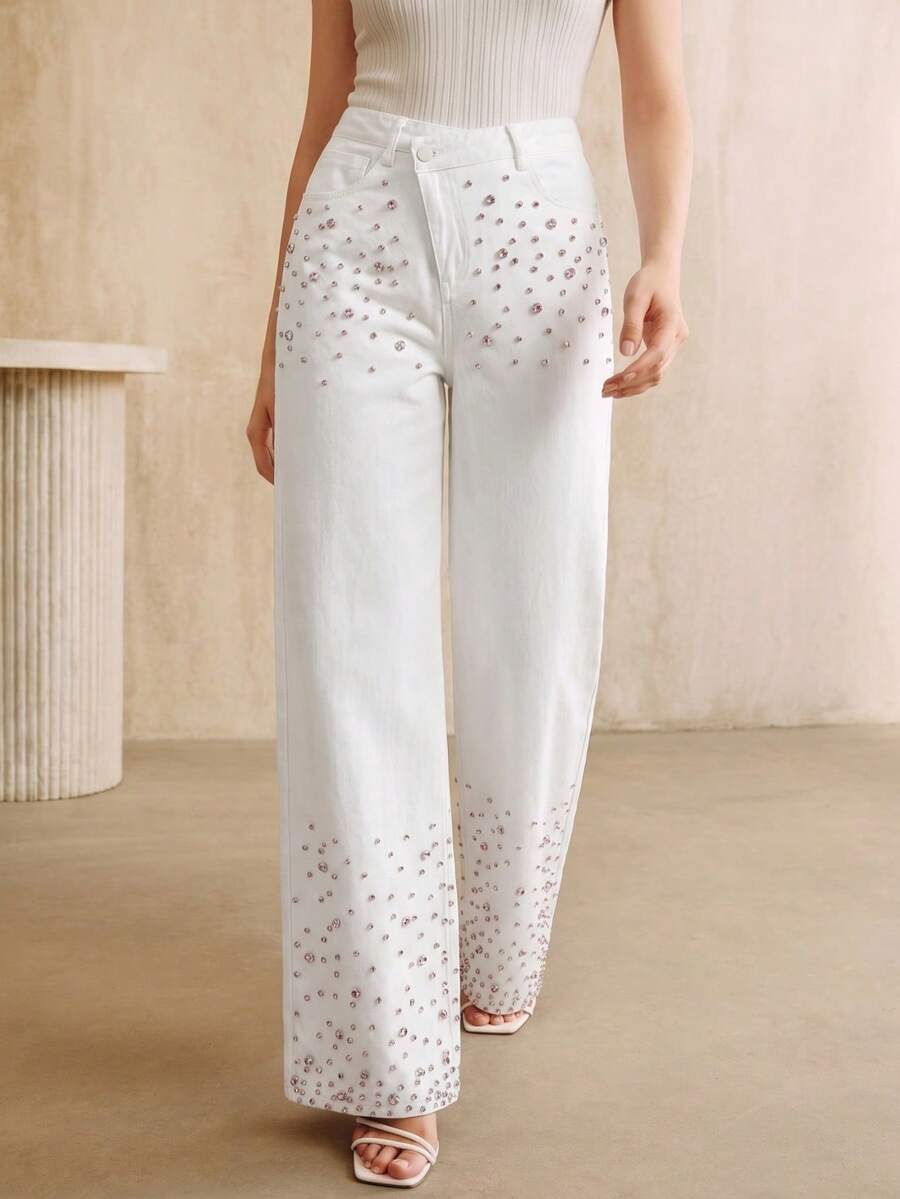 Anewsta Women's Summer White Denim Jeans, Fashionable Casual Contrast Rhinestone Shiny Pants - White - View 1