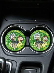 Rick and Morty X SHEIN 科幻卡通印花PU皮革汽車杯墊組，通用防滑杯架墊，防震吸水杯墊，適用於汽車、居家與辦公室 - A - 查看 2