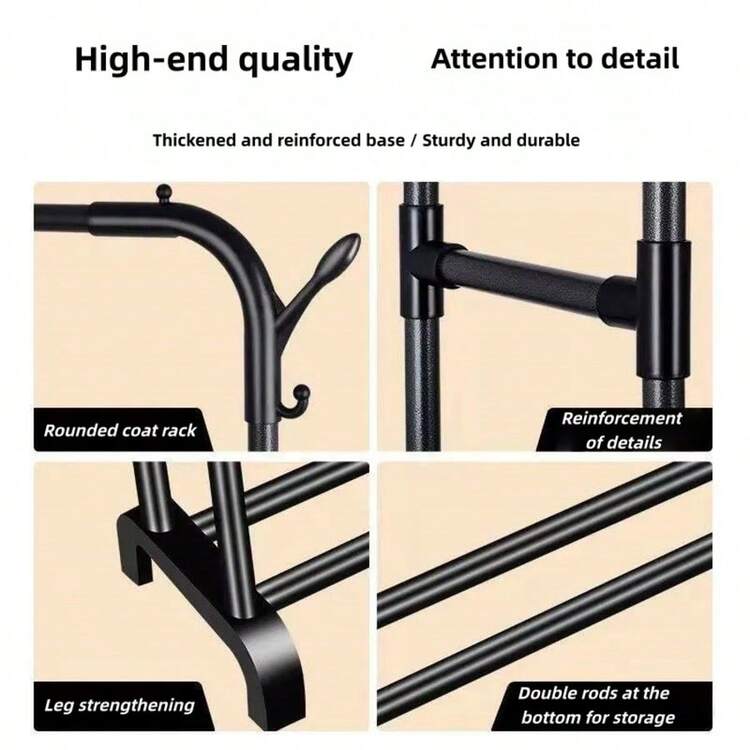 1pcFreestanding Double-Rod Multi-Functional Bedroom Garment Rack, Metal Clothes Organizer & Black Rolling Clothing Rack With Casters For Bedroom Storage, Clothing Display & Minimalist Decor - Multicolor - View 3
