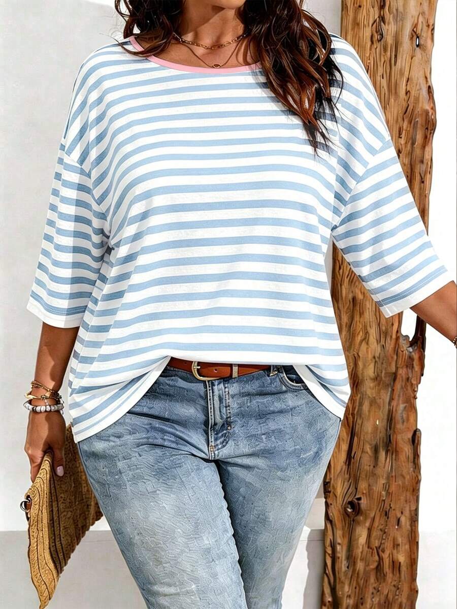 EMERY ROSE Plus Size Women Casual Retro Stripe Print Drop Shoulder T-Shirt, Suitable For Summer Wear - Multicolor - View 1