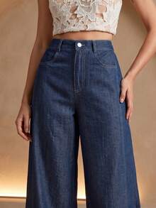 Anewsta Autumn Holiday Outfits Navy Blue Modern Casual Fashion Non-Denim Design Commuter Everyday Women Wide Leg Pants - Navy Blue - View 6
