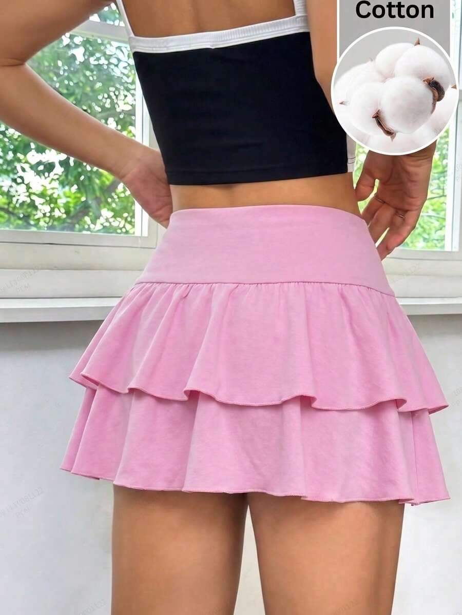 SHEIN EZwear 粉色针织高弹力百褶裙 - 粉色 - 查看 1