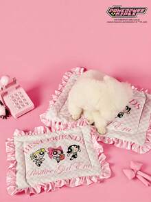 THE POWERPUFF GIRLS X PETSIN 1pc Pink Big Eyed Girl Good Friend Pink Checkered Letter Printed Pet Bed Soft And Comfortable Anti Slip Ruffled Edge Pet Bed - Multicolor - View 5
