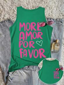 DrmWander Plus Size Vacation Casual Letter Print Tank Top - Green - View 4