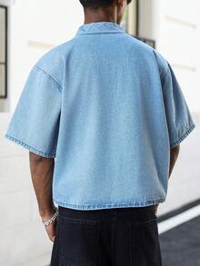 GALLERY FADE Casual Loose Fit American Brand Embroidered Denim Shirt - Light Wash - View 2