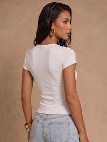 Glamine Kaos American Chic Hitam Rajut Patchwork dengan Kerah Berenda dan Potongan Regular Fit, Cocok untuk Musim Semi dan Musim Panas - Putih - View 2