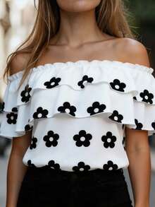 SHEIN Clasi Plus Size Women's Classic White Print Layered Ruffle Off-Shoulder Blouse Vacation Summer Boho - White - View 4
