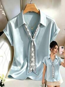Franclia Women's Light Blue Summer Elegant Tea Party Shirt,Silk Scarf Decoration Lapel Glossy Satin Top,Slim Fit Formal Office Commuter Wear Luxury Blouse - Blue - View 1