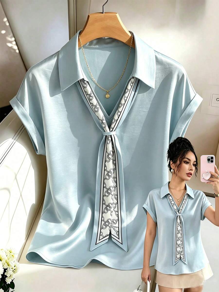 Franclia Women's Light Blue Summer Elegant Tea Party Shirt,Silk Scarf Decoration Lapel Glossy Satin Top,Slim Fit Formal Office Commuter Wear Luxury Blouse - Blue - View 1