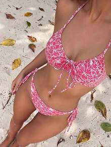 Swim Mod Sweet And Lovely Pink Floral Textured Bikini Swimsuit Set For Women,Pink Floral Pattern Drawstring Underwire Bikini Swimwear Set With Side Tie - Multicolor - View 1