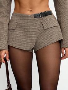 Avenya-petite Jupe-culotte vintage à carreaux bruns taille basse, idéale pour les vacances d'automne et d'hiver, à la mode - Tabac - Voir 4