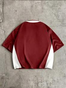 AXEPEAK Men's Colorblock Patchwork Letter Print Polo Shirt - Red - View 2