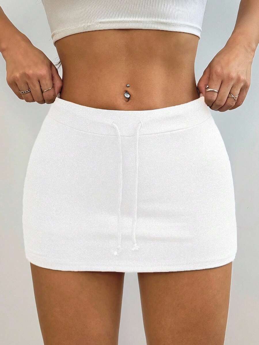 女士纯色修身超短高腰开叉系带迷你裙 - 白色 - 查看 1