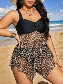 Swim Lushoire Plus Size Leopard Print Patchwork Tankini Set For Vacation Beach - Multicolor - View 4