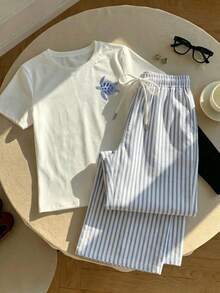 Tseoso 两件套女士休闲裤套装 – 蓝白条纹长裤搭配海龟印花T恤，夏季度假装扮，甜美柔美风，Y2K复古风，适合西部风情节日穿着。 - 彩色 - 查看 6