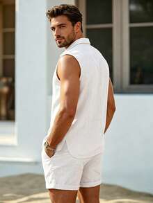 Manfinity Dauomo 2 piezas Conjunto de ropa de lino para hombre, Top sin espalda con cordón y pantalones cortos, estilo hippie de playa - Blanco - Ver 2
